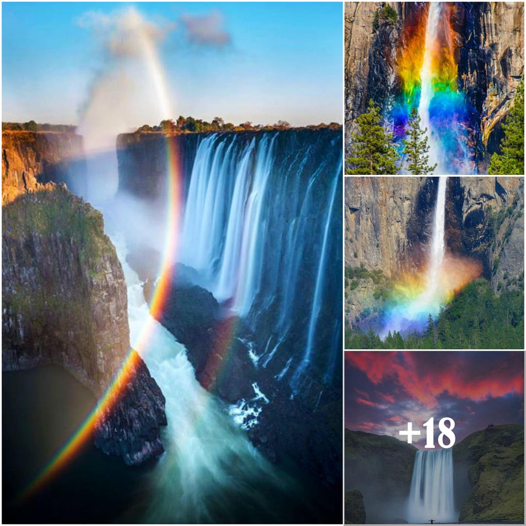 Enchanting Kaleidoscope: Vibrant Rainbow Cascades Below Waterfall, Creating a Breathtaking Fusion of Colors Hovering Above the Earth